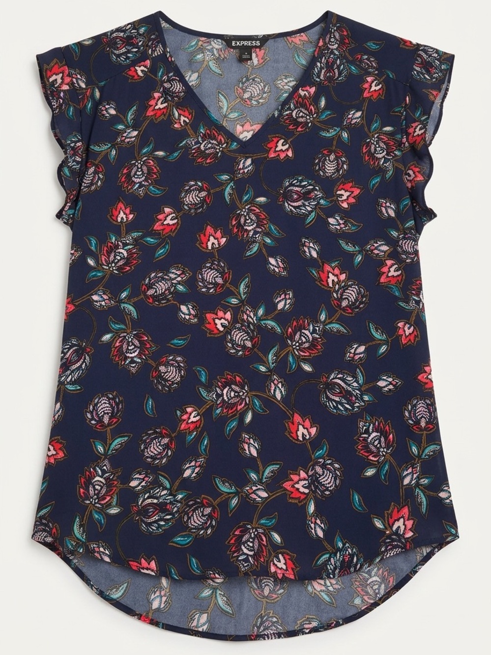 🌸 Express Navy Floral V-Neck Flutter Sleeve Blouse - Office wear, Boho chic